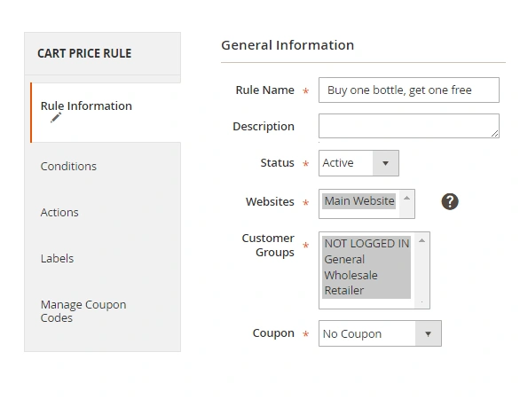 How to Create a Cart Price Rule in Magento 2 How to Create a Cart Price Rule in Magento 2 - Step 2: Enter a Rule Name, set its Status to active