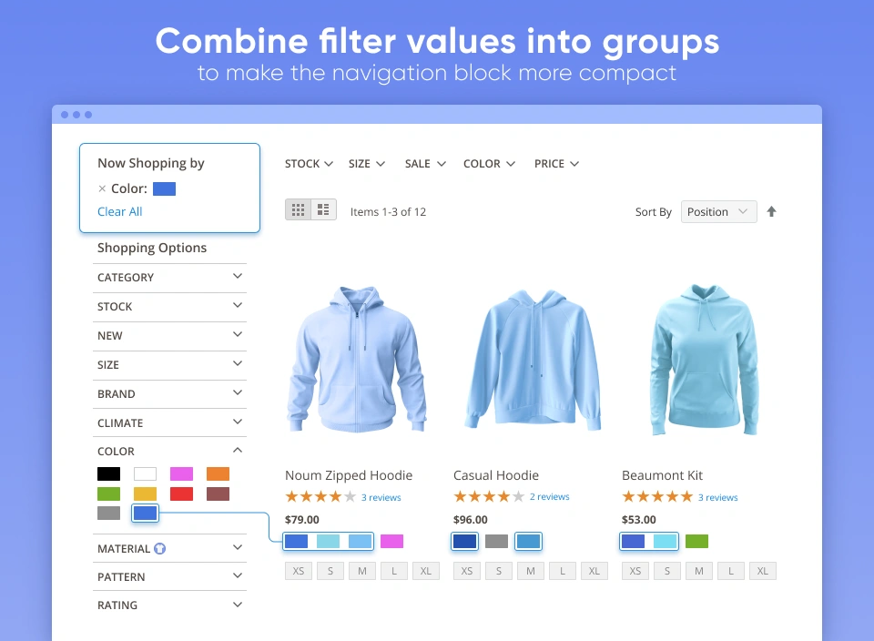 Combine filter values into groups to make the navigation block more compact