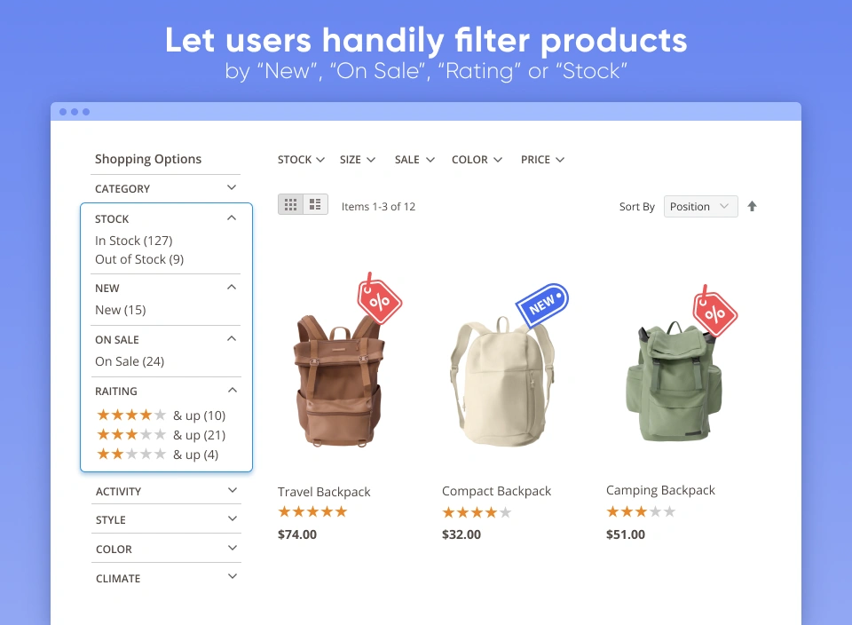 Let users handily filter products by “New”, “On Sale”, “Rating” or “Stock”