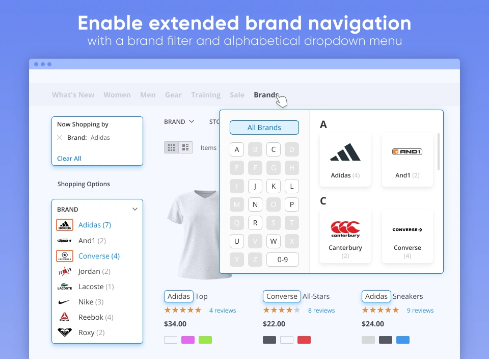 Enable extended brand navigation with a brands filter and alphabetical dropdown menu