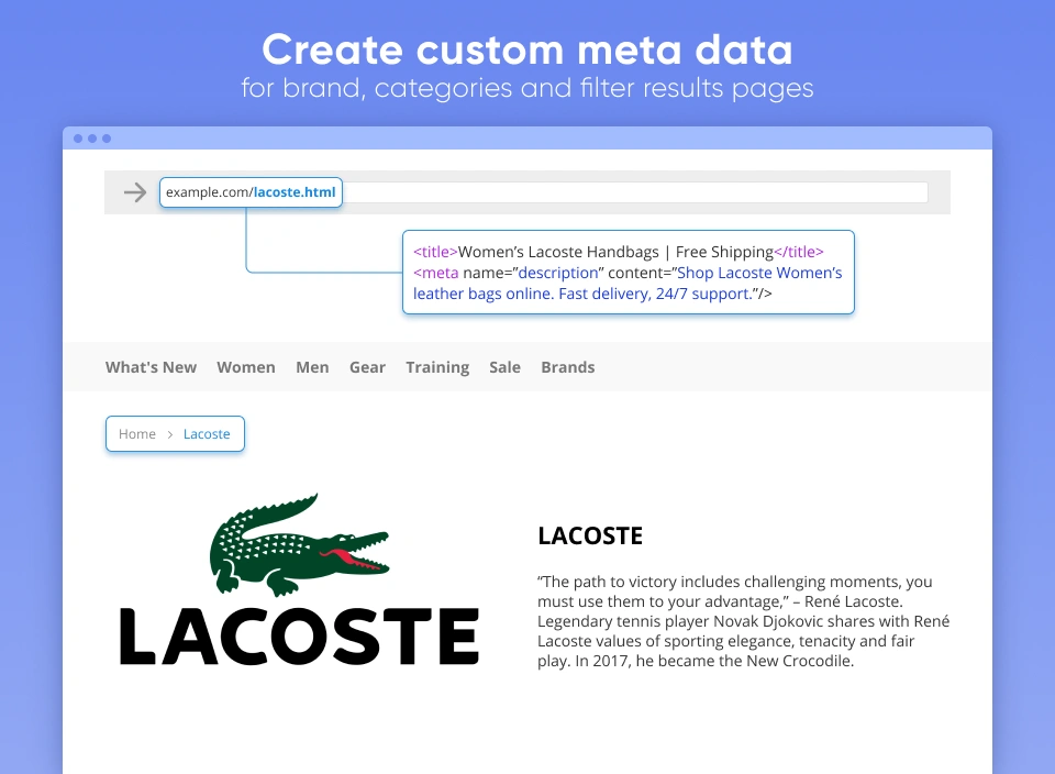 Generate custom meta data for brand, categories and filter results pages