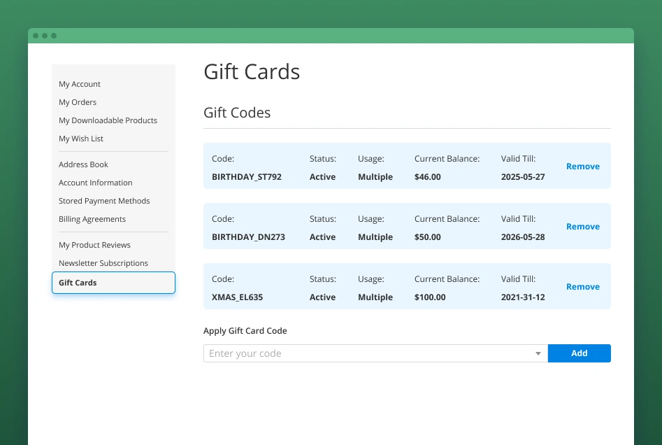 magento 2 gift cards in customer account