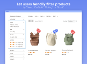 Let users handily filter products by “New”, “On Sale”, “Rating” or “Stock” thumbnail